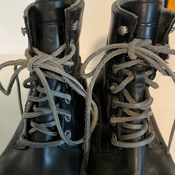UGG Black Leather Lace-Up Ankle Boots with Tan Accent
